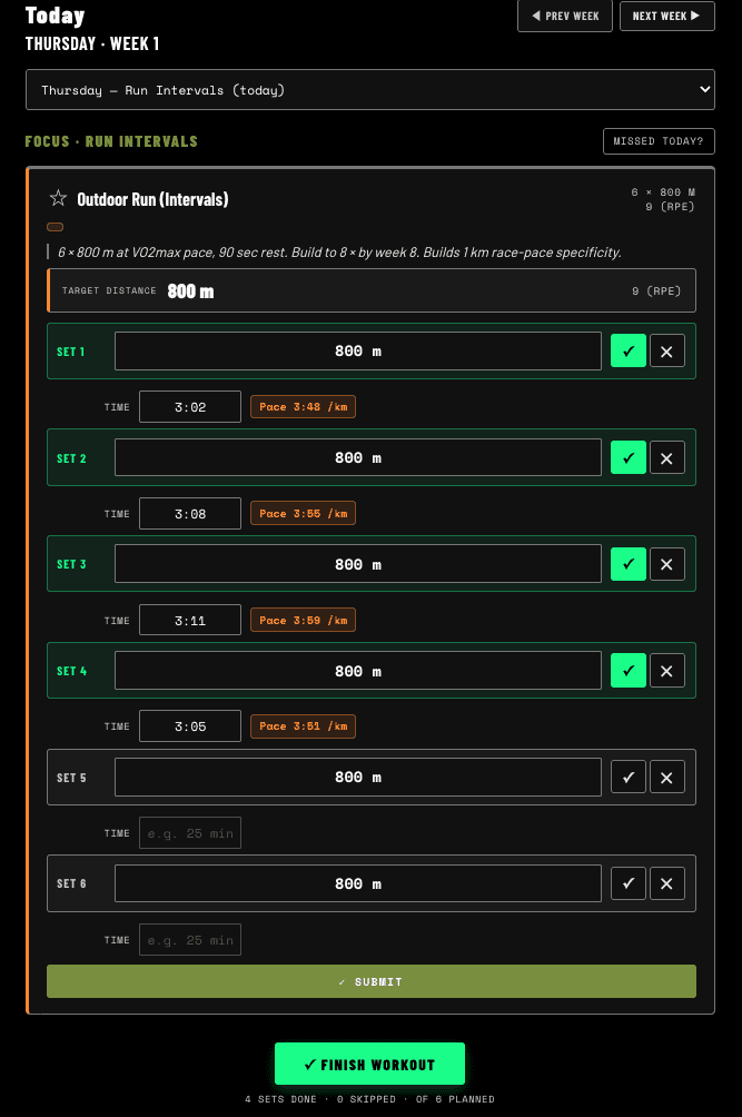 A run interval session being logged set by set, with pace per rep