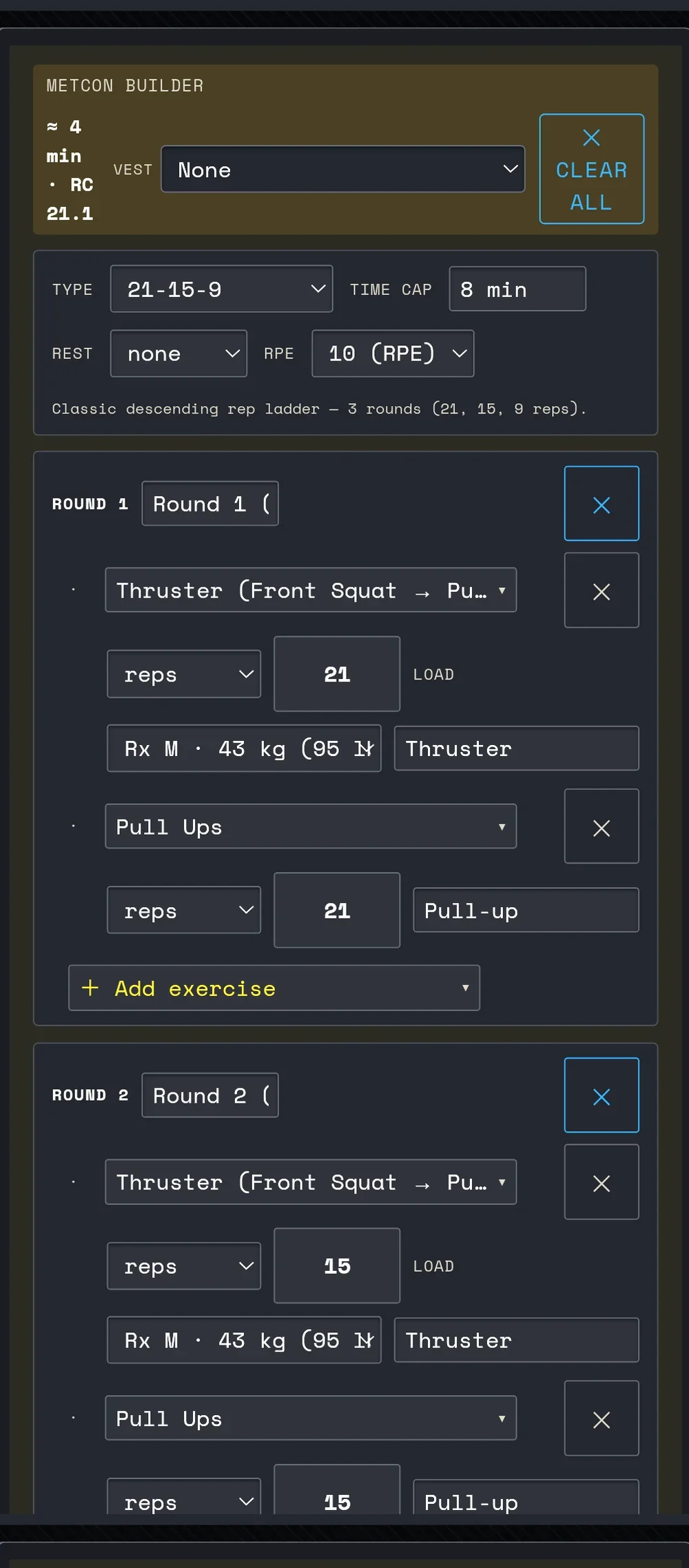 The metcon builder, rounds and movements rebuilt exactly