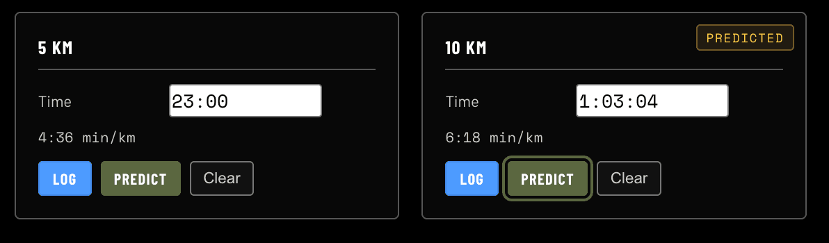 Predicted 5K and 10K race paces from logged efforts